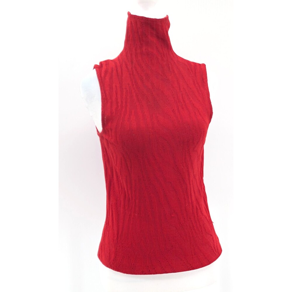 St John Vintage Knit Red Turtleneck Zebra Woven Pattern Tank Top Blouse Small